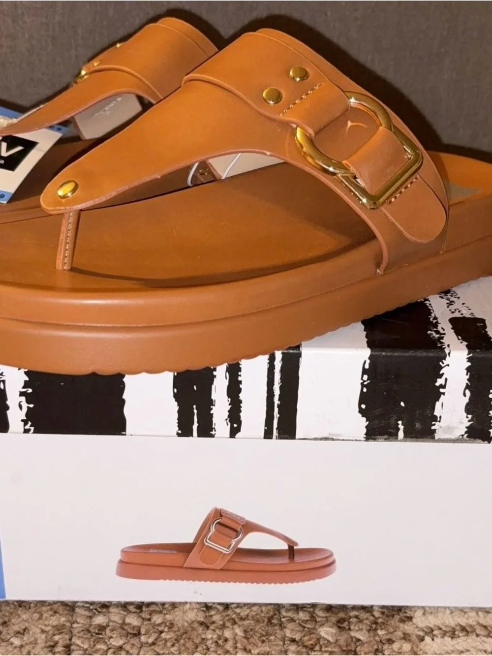 DV Dolce Vita Women's Camel Brown Slide Sandals Gold Buckle Size 9 New with Box